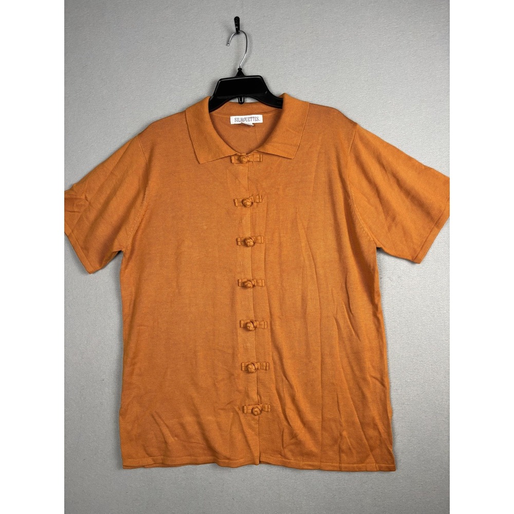 Vtg Silhouettes Sweater Womens XL Rust Orange Short Sleeve Knit Frog Button Top